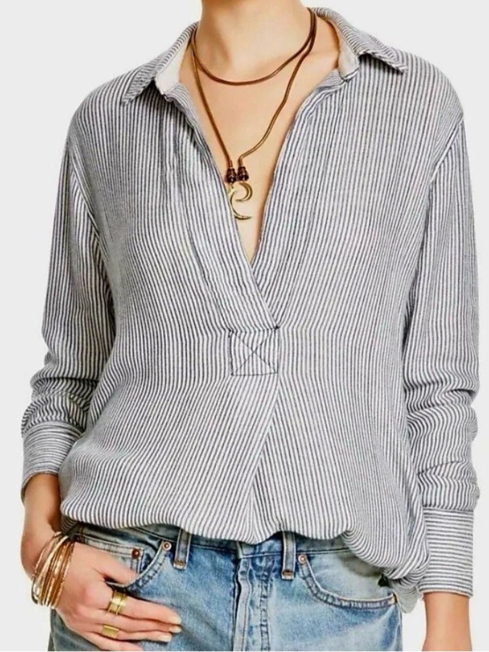 Free People Oversized Blue and White Striped Lightweight Tunic 100% Rayon